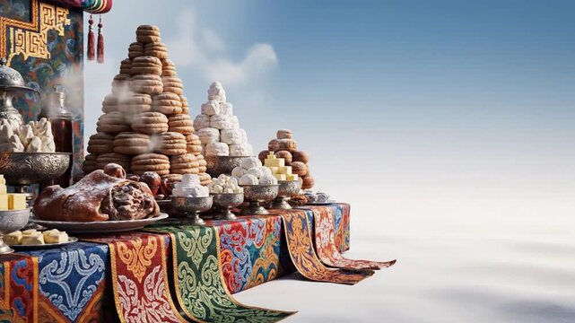 Tsagaan Sar Festival Banner with Mongolian Traditional Table and Dairy Offerings on Soft White Blue Gradient