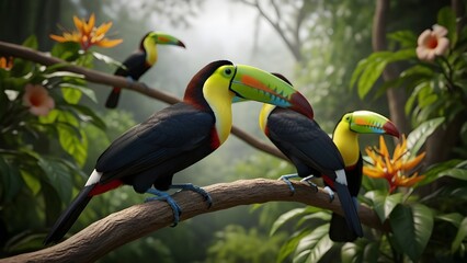 Yellow-Billed Toucan Perched on a Tree Branch in Tropical Forest