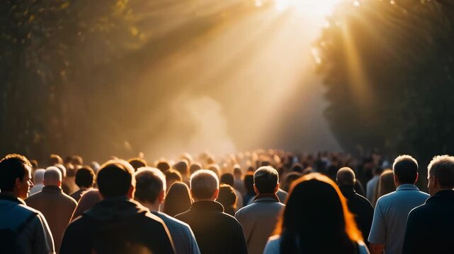 Crowd of People Walking Towards Light in a Forest with Sun Rays Glowing