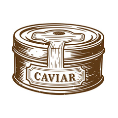 Vintage sketch illustration of a caviar tin can isolated on white background