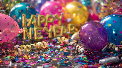 Colorful New Years Eve Party Banner with Balloons Confetti and Streamers at Midnight