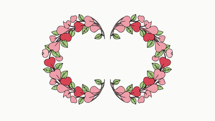“Vector Valentine frame made of hearts, ribbons, floral elements, and romantic ornaments, clean bold outlines, soft gradients, symmetrical decorative border, isolated on pure white background