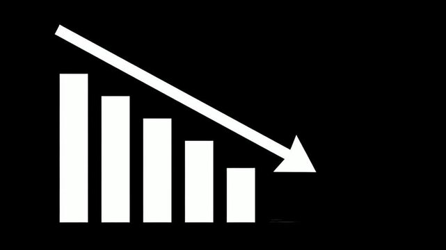 Monochrome White Falling Bar Graph and Arrow Concept on Solid Black