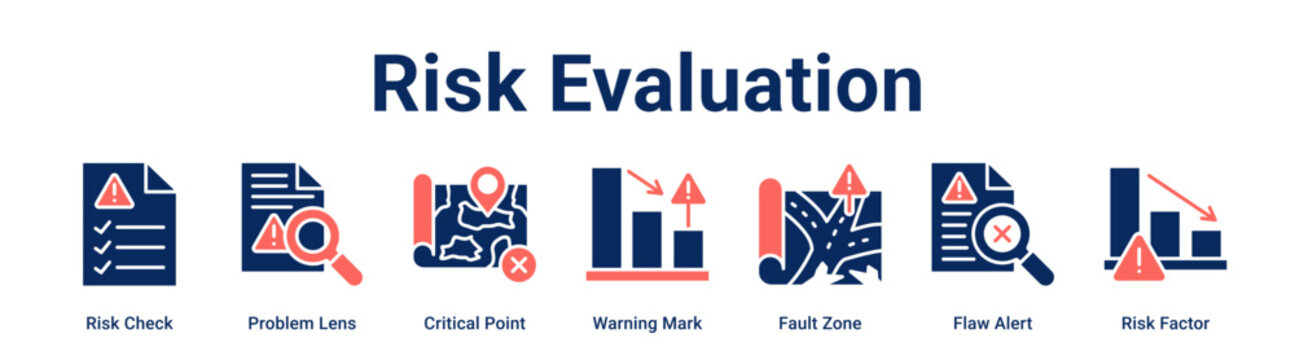Risk Evaluation web banner icon vector illustration concept for Business with icon of Risk Check, Problem Lens, Critical Point, Warning Mark, Fault Zone, Flaw Alert.