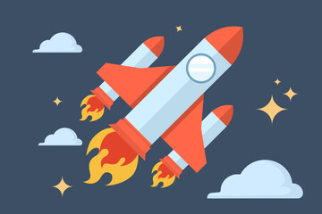 Fototapeta premium Illustration showing a rocket blast-off into space, representing space travel, aerospace engineering, and futuristic scientific advancements.