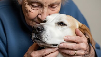 Closeup of elderly woman gently kissing and cuddling her beloved dog