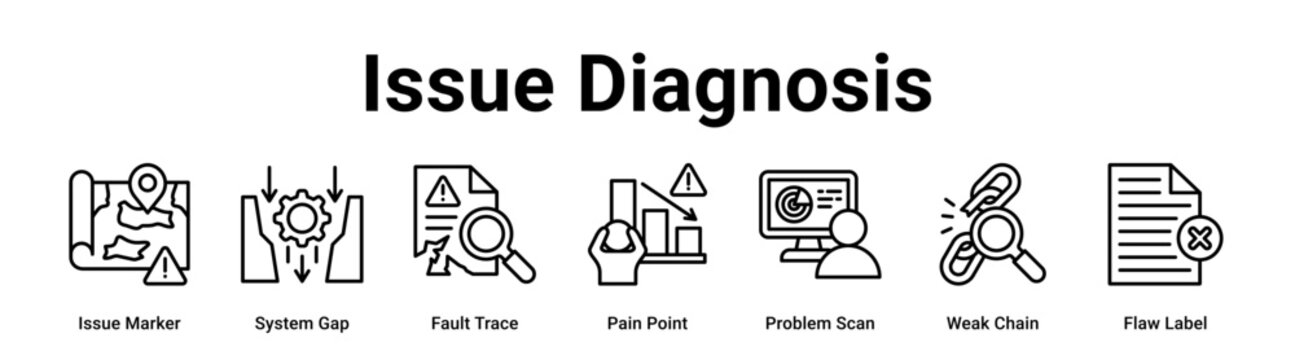 Issue Diagnosis web banner icon vector illustration concept for Business with icon of Issue Marker, System Gap, Fault Trace, Pain Point, Problem Scan, Weak Chain.