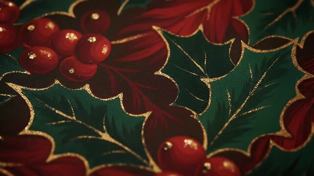 Elegant and sparkling Christmas holly pattern featuring bright red berries and golden accents