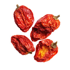 Four wrinkled red peppers. Dark background