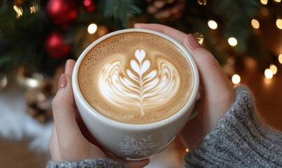 Female person, coffee and closeup with hands for latte art or foam, creative or care with drink. Woman, espresso and zoom with milk in restaurant for winter, barista with inspiration, Generative AI