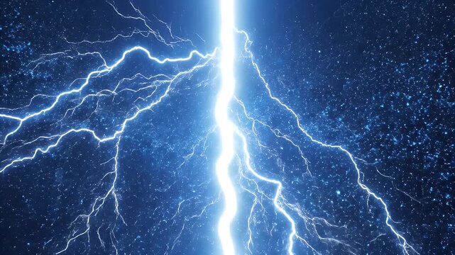 Cinematic footage of a powerful vertical lightning bolt striking through a dark starry sky with electric blue energy flashes.