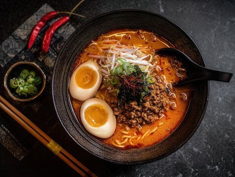 Japanese ramen top view with boiled egg and soup noodles
