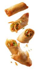 Crispy spring rolls fall, showing filling. Isolated