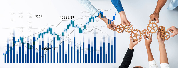 A dynamic scene showcasing hands working together to hold gears symbolizing collaboration, with a stock market graph displaying financial trends and growth. Scalp