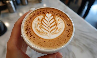 Hands, coffee cup and woman at cafe with latte art, break and caffeine, trend or local experience. Foam, leaf and customer relax with espresso design at a restaurant for weekend, Generative AI