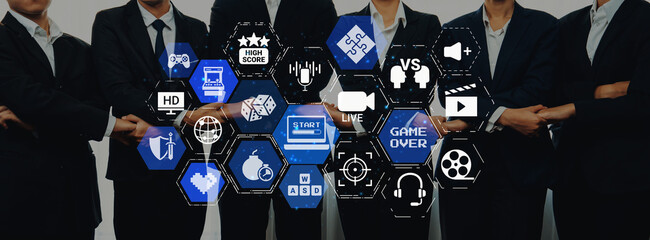 Gaming icons show online gaming, game streaming, and interactive play. Gaming supports esports, game community, and digital gaming experience. Entice