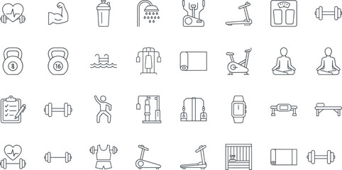 Fitness and wellness line icon set featuring gym equipment, exercise symbols, workout tools, yoga elements, health tracking, clean minimal outline style