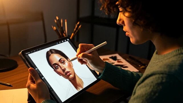 Creating a Portrait Illustration on a Tablet in a Cozy Studio
