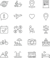 Travel and vacation line icon set showing airplane, map pin, ATM, currency exchange, bicycle, hotel, beach, mountains, camera, tourism concept
