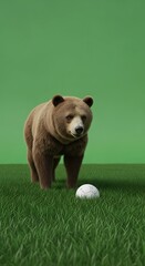 A brown bear stands on a grassy field against a vibrant green backdrop, holding a white ball close to its feet.