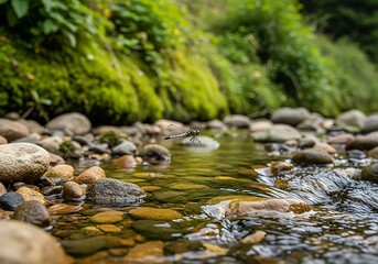 Serene forest stream with clear water and rocks