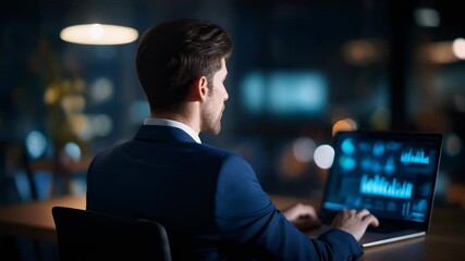 Professional man working late at night on laptop, focused on digital data analysis