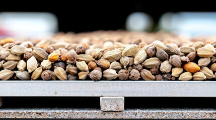 Dried spices arranged neatly on tray, showcasing variety of colors and textures, creating visually appealing display of natural ingredients