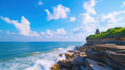 Scenic coastal view featuring rocky cliffs, gentle waves, and vibrant blue sky with fluffy clouds. serene atmosphere invites relaxation