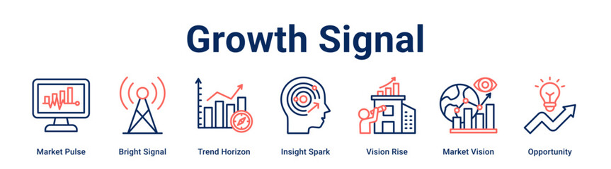 Growth Signal web banner icon vector illustration concept for business with icon of Market Pulse, Bright Signal, Trend Horizon, Insight Spark, Vision Rise, Market.