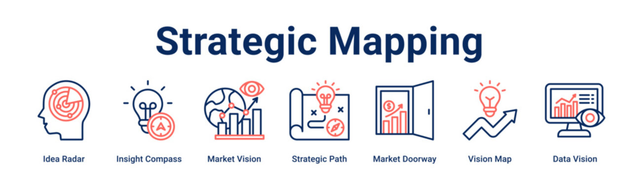 Strategic Mapping web banner icon vector illustration concept for business with icon of Idea Radar, Insight Compass, Market Vision, Strategic Path, Market Doorway, Vision Map.