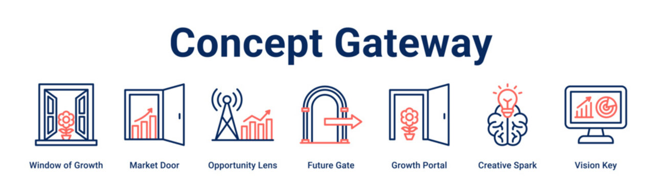 Concept Gateway web banner icon vector illustration concept for business with icon of Window of Growth, Market Door, Opportunity Lens, Future Gate, Growth Portal, Creative Spark.