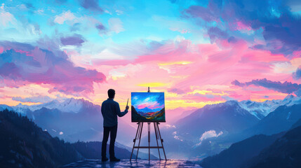 Person painting vibrant landscape on easel, surrounded by majestic mountains and colorful sunset sky, evokes sense of creativity and inspiration