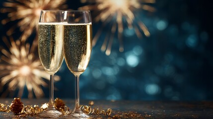 New year's celebration with champagne toast and colorful fireworks, festive holiday greeting card with copy space