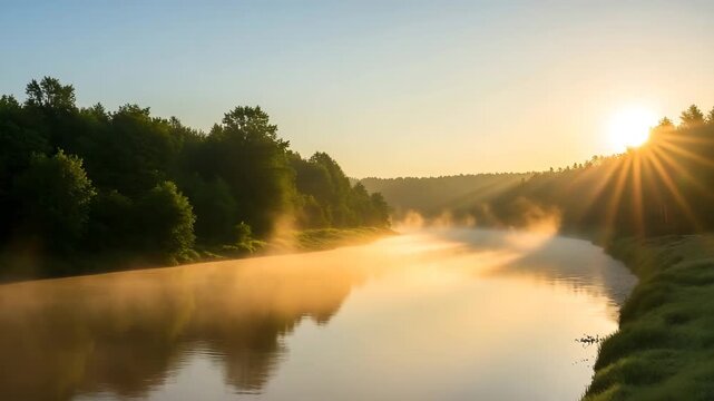 River at sunrise with golden mist and sun rays through trees image photo Background