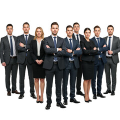 Fototapeta premium Professional business team of diverse men and women in suits standing together confidently isolated on transparent background