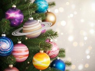 Space themed christmas ornaments on tree