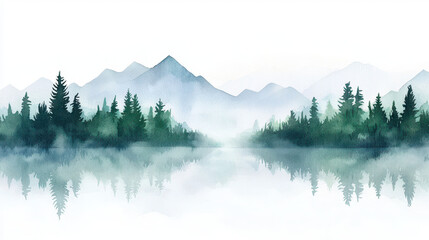 Serene watercolor landscape featuring mountains and trees reflected in calm water, evoking peace and tranquility