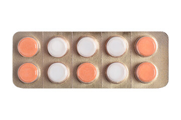 Pills, tablets in a blister pack isolated on white background, top view Healthcare and medicine concept