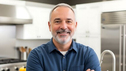 Obraz premium Smiling middle-aged man in modern kitchen