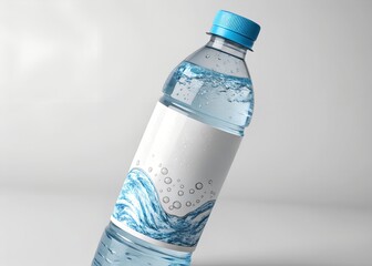 Blank label plastic water bottle mockup with blue cap tilted against a clean bright studio background for design