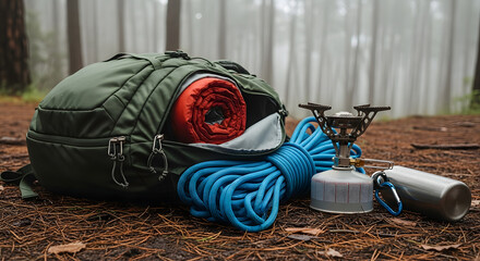 Camping gear including backpack, rope, and stove on forest ground  