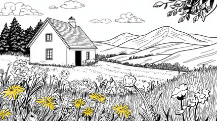 Peaceful landscape featuring simple house surrounded by flowers, mountains, and trees, inviting relaxation and creativity