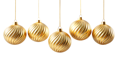 Five golden ornaments hanging against black background
