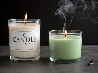 Two scented glass jar candles burning brightly on a dark surface with one showing smoke wisps