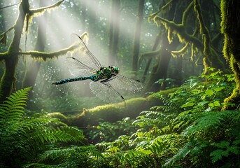 Dragonfly flying in misty forest with sun rays