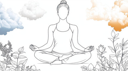 Serene illustration of person meditating in peaceful environment surrounded by clouds and plants, promoting relaxation and mindfulness