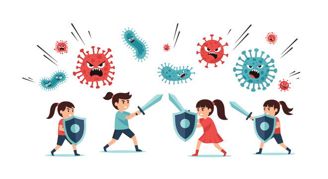 Cartoon illustration of brave children fighting off menacing viruses and bacteria with swords and shields, representing health and immunity.