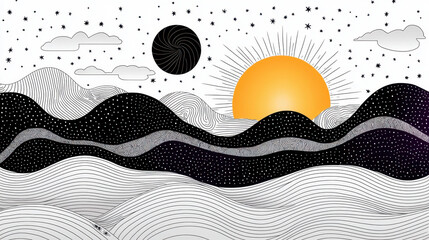 Vibrant landscape featuring stylized mountains, bright sun, and celestial elements like stars and clouds. design combines black and white lines