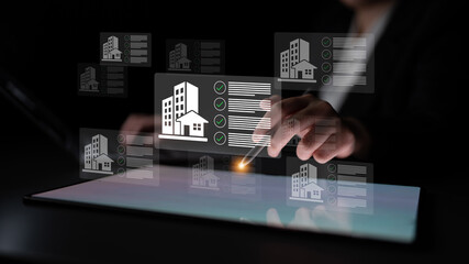 A modern professional engages with a digital property management interface on a tablet, showcasing virtual buildings and checklists for real estate strategies. Gantry