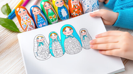 Colorful nesting dolls, also known as matryoshka, are displayed alongside child hand coloring drawing of them. scene is vibrant and creative